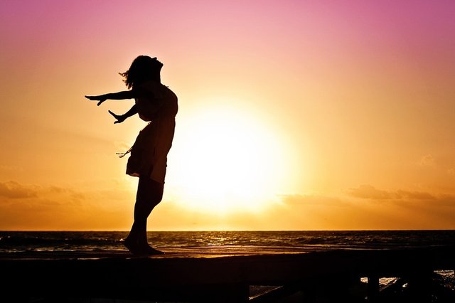 Woman, Happiness, Sunrise, Silhouette, Dress, Beach