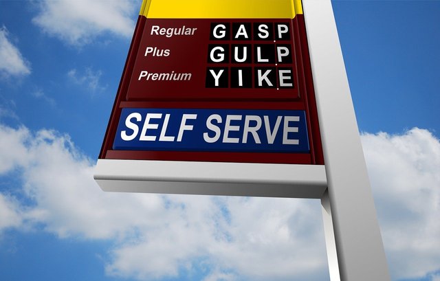 gas price sign with "gasp," "gulp" and "yike" for prices