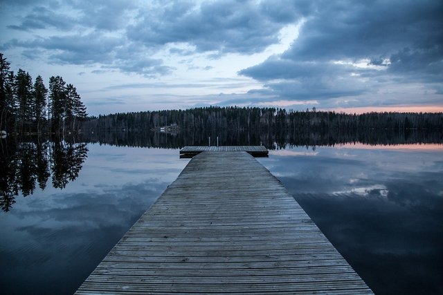 Dock, Lake, Finland, Dark, Evening, Water, Nature, Blue
