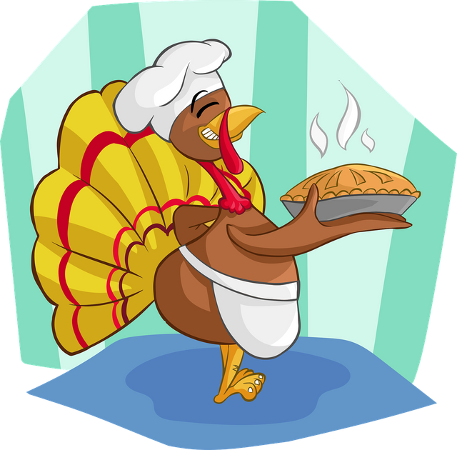 Thanksgiving image of a turkey chef carrying a pie