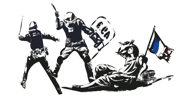 drawing of police attacking white woman on the ground