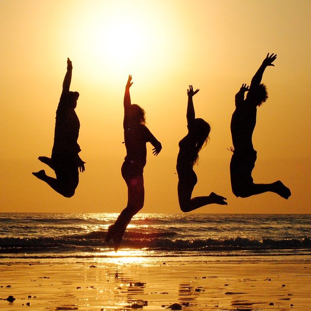 Sunset, Beach, Group, Jump, People, Friends