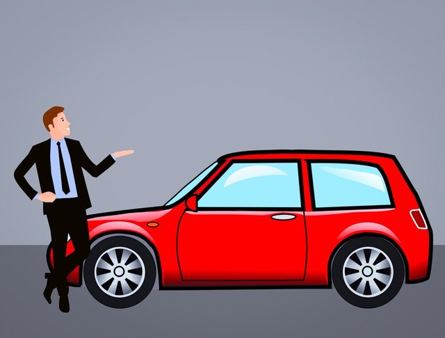 Colored drawing of a man offering a car