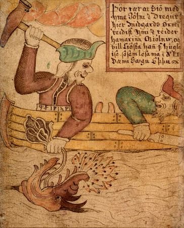 Thor and Hymir battle with Jörmungandr from a medieval manuscript