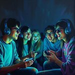 Classic oil painting style glowing bioluminescent university students playing a video game natural light effects vibrant glow rich textures visible brushstrokes (1).jpg