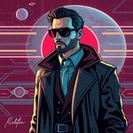 Futuristic sci-fi illustration, Uno uomo ammirato e rispettato da tutti, rich burgundy and deep blue tones, advanced technology, space elements, sophisticated and elegant design.jpg