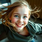 A girl with a satisfied and content expression, dynamic in motion with blurred lines and action poses.jpg