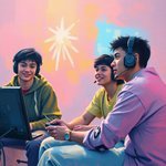 Bold acrylic painting of university students playing a video game soft cinematic haze soft focus hazy background vibrant colors textured brushstrokes.jpg