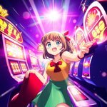 Isekai anime style illustration, high angle perspective, bright lens flare, vibrant colors, depicting a girl winning big at slot machines, expressive composition, light streaks.jpg