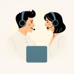 Dreamy logo design featuring two friends, a man and a woman, remotely conversing with headphones via computer, composed of geometric shapes, clean lines, balance, symmetry and soft hazy l.jpg
