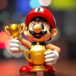 High-resolution stock photo of a retro game character victoriously holding a trophy, sharp focus, blurred bokeh background, commercial quality, professional aesthetic.jpg