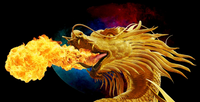Golden dragon breathing fire towards logo