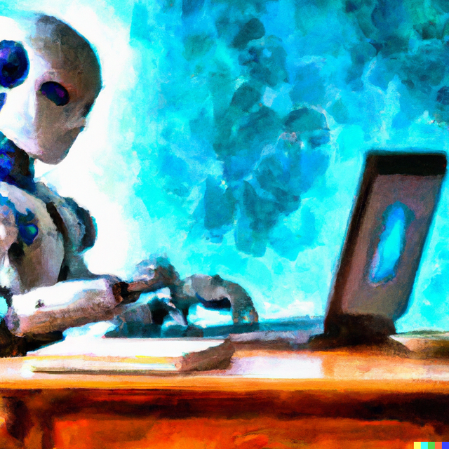 DALL·E 2023-01-05 21.22.03 - artificial intelligence sitting at a desk writing a blog post on a laptop in oil painting .png
