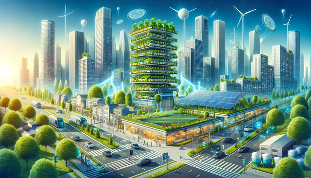 DALL·E 2023-12-28 19.42.38 - A futuristic cityscape integrating sustainable technologies. The scene includes vertical farms in skyscrapers, solar panels on rooftops, electric vehi.png