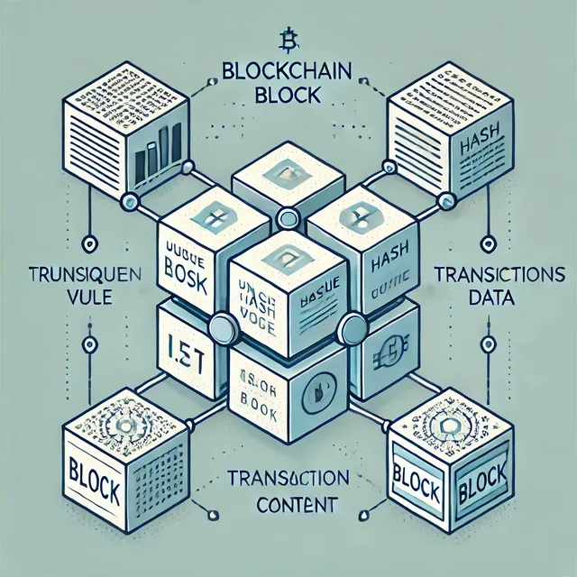 DALL·E 2024-11-02 14.11.50 - A detailed graphic illustrating a blockchain block. The block should display the following components_ a unique hash value, transaction data (content).webp