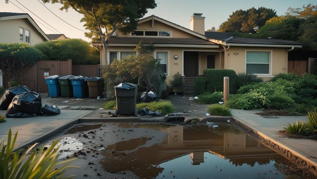 _An illustration of a typical Bay Area home surrounded by common pest attractants like overflowing trash bins, standing water, overgrown vegetation, and cracks in the foundation. Show visible pests like ants, roden.jpg