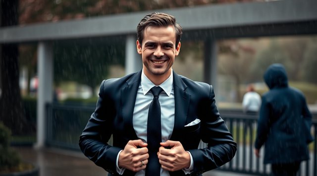 A wet, rainy scene in rich burgundy and deep blue. A thirty-year-old man in an elegant suit, smiling and resting his hands on his hips after a run in a park. Drizzling rain, reflective su.jpg