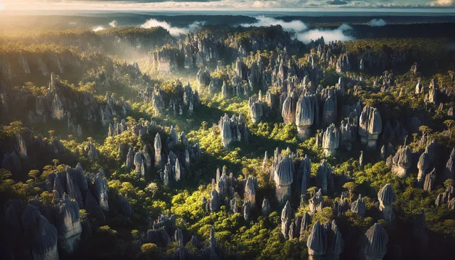 DALL·E 2025-01-24 08.13.33 - A breathtaking aerial view of the Tsingy de Bemaraha Stone Forest in Madagascar, showcasing sharp limestone pinnacles rising dramatically from dense g.webp