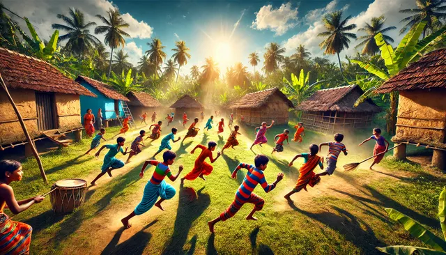 DALL·E 2024-10-19 22.55.22 - A dynamic and colorful image of children playing 'Gollachut,' a traditional Bengali game, in a rural village setting. The scene captures the energy of.webp