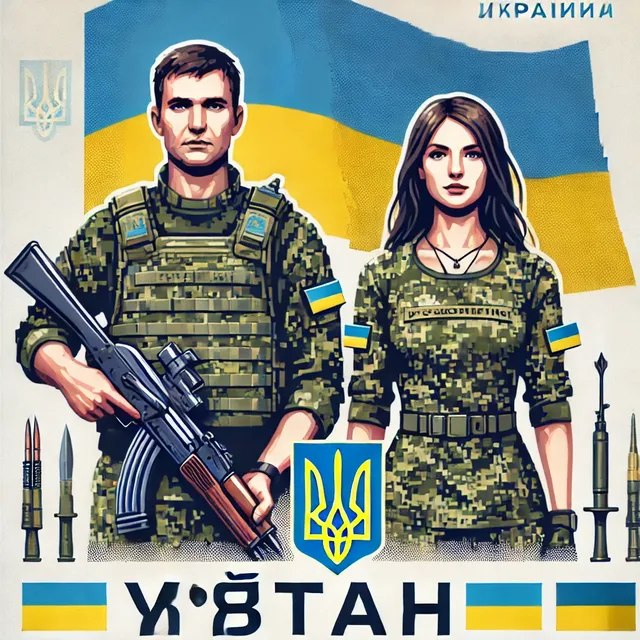 DALL·E 2024-10-01 15.27.56 - An illustration featuring two figures, a man and a woman, dressed in the Ukrainian Army pixel camouflage uniform. The image includes the text 'Вітаю' .webp