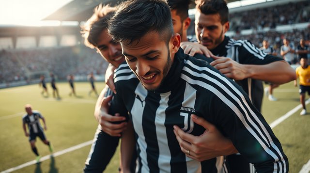 Extreme macro close-up of a soccer player in a black and white Juventus tracksuit, embraced by teammates, on a crowded synthetic field during a 7-a-side match. Strong hard light, direct h.jpg