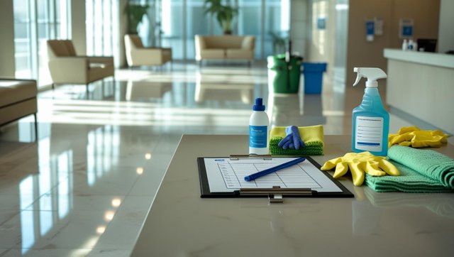 A spotless commercial workspace or office lobby with polished floors, organized furniture, and a visible cleaning supply cart or janitorial closet in the background. Place a checklist or clipboard on a reception de.jpg