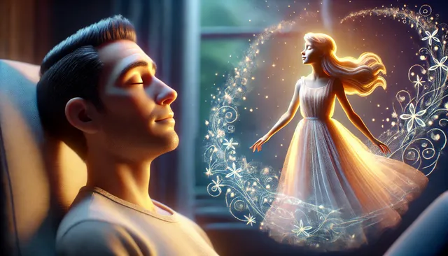 DALL·E 2024-09-23 04.46.30 - A 3D Pixar-style image of a man dreaming peacefully, with a soft glow illuminating the scene. In his dream, an elegant woman appears, with long flowin.webp