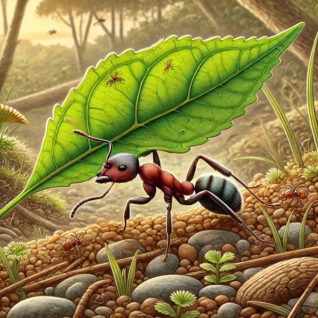 DALL·E 2024-09-02 23.10.39 - A detailed illustration of a hardworking ant in a natural setting. The ant is carrying a large leaf, showing its strength and determination. The scene.webp