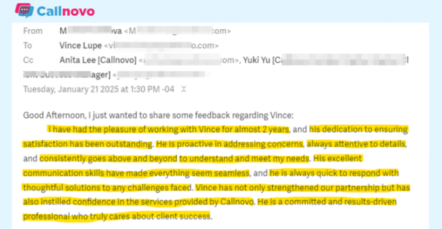 Client review praising Callnovo English support team, highlighting Vince’s dedication, seamless communication, and proactive problem-solving in healthcare billing services.