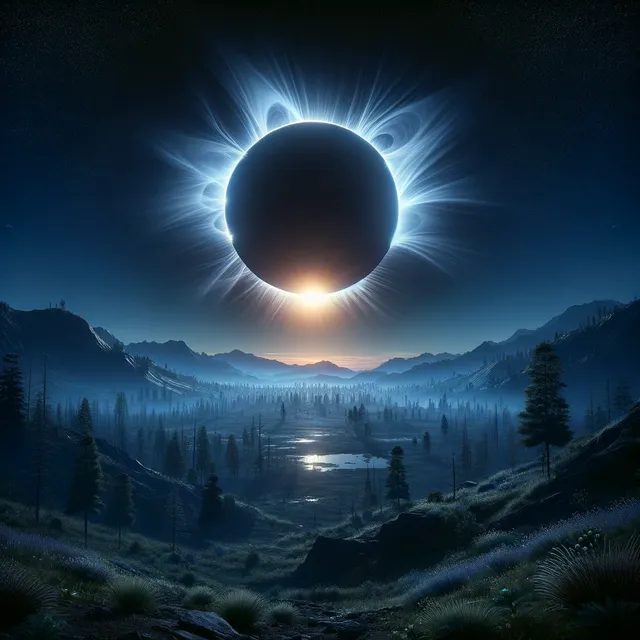 DALL·E 2024-03-28 06.47.21 - Capture a hyper-realistic scene of a total solar eclipse with meticulous attention to detail. The scene unfolds with the dark, detailed silhouette of .webp