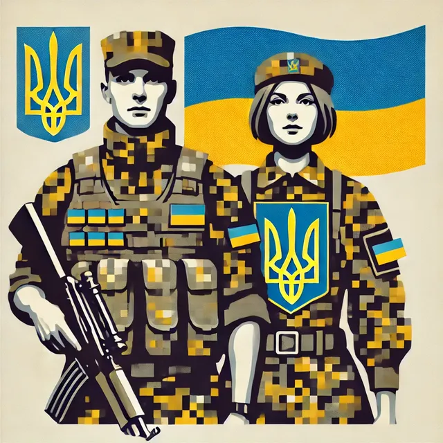 DALL·E 2024-10-01 15.28.01 - An illustration featuring two figures, a man and a woman, dressed in the Ukrainian Army pixel camouflage uniform. The image includes the Ukrainian nat.webp