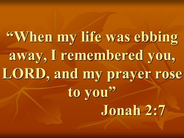 The prayer of Jonah. When my life was ebbing away, I remembered you, LORD, and my prayer rose to you. Jonah 2,7.jpg