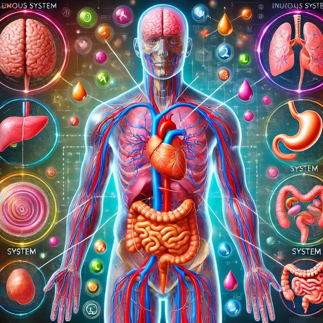 DALL·E 2024-09-30 23.20.48 - A vibrant educational illustration of the human body with a transparent human figure displaying visible organs such as the heart, lungs, brain, stomac.webp