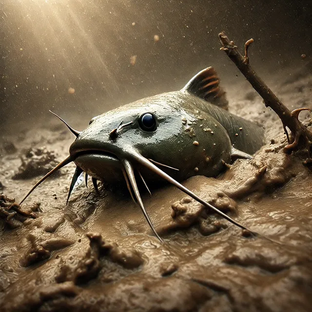 DALL·E 2024-10-05 23.49.53 - A determined catfish forcing its way through a thick, muddy environment, pushing forward with persistence. The mud surrounds the catfish, making it di.webp