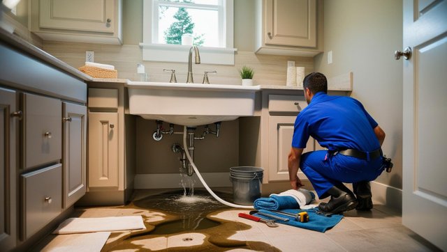 A residential bathroom scene showing an emergency plumbing situation. Water is leaking heavily from a pipe under the sink, NOT the faucet. The faucet should be mounted in its normal position at the back center of t.jpg