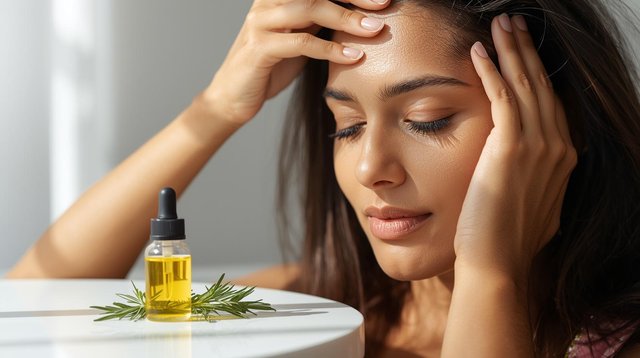_Photorealistic close-up of a woman with thick, healthy hair massaging natural oil into her scalp using her fingertips. A small glass dropper bottle of golden oil is visible on a nearby table with fresh rosemary sp.jpg