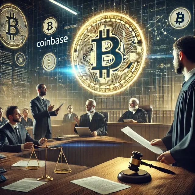 DALL·E 2025-02-09 11.52.17 - A dramatic courtroom scene with a Coinbase logo displayed prominently on a screen. A judge is holding a legal document while lawyers argue. The atmosp.webp