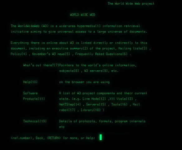A view of the CERN hypertext world wide web line mode browser, emulating TheProject.html in a modern browser