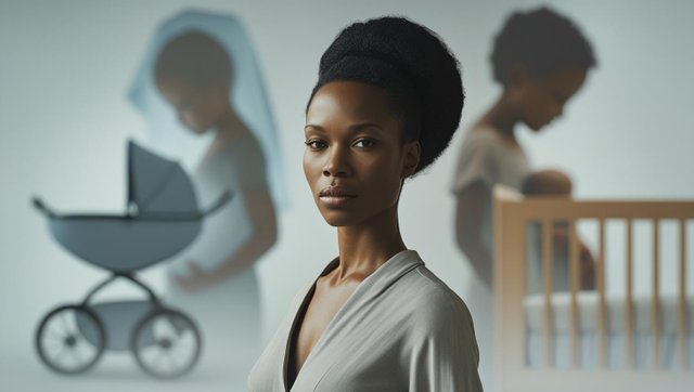 Crie uma imagem conceitual e poderosa que represente uma mulher que escolhe não ter filhos. A mulher deve estar no centro da imagem, de pé, com expressão serena e decidida, olhando diretamente para a frente.jpg