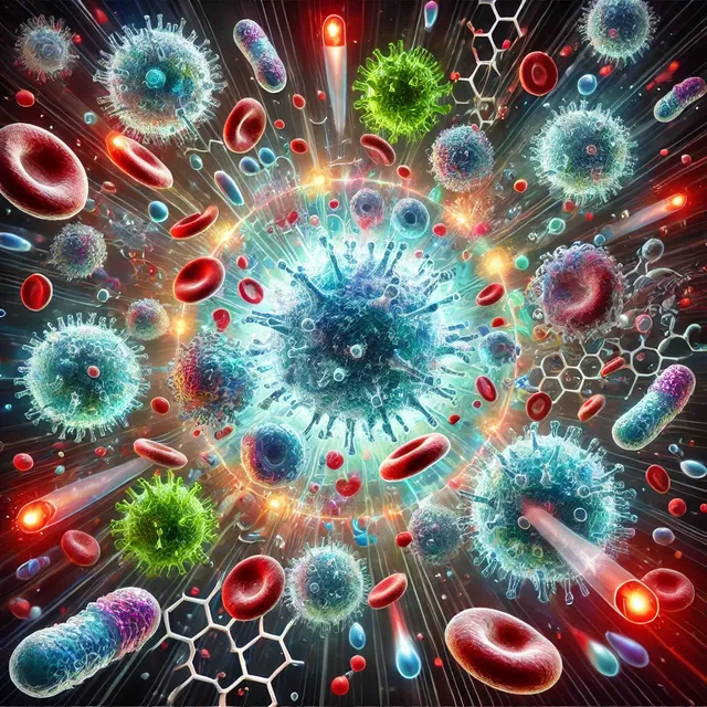 DALL·E 2024-11-07 00.32.34 - An eye-catching and detailed illustration of the human immune system responding to disease. The image shows white blood cells, such as T-cells and mac.webp