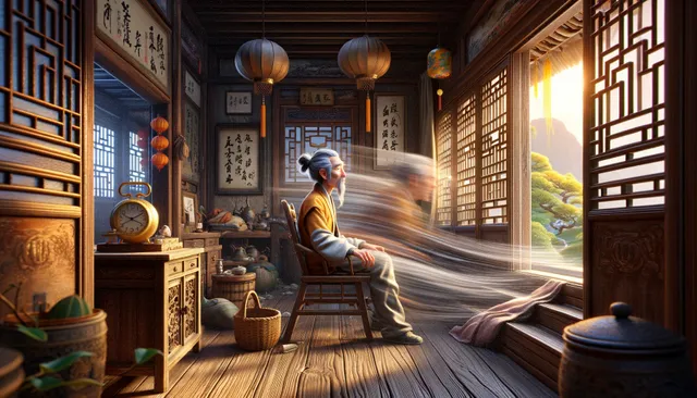 DALL·E 2024-09-01 07.07.04 - A highly detailed 3D Pixar animation style image depicting the fleeting passage of time in ancient China. The scene shows a man, Zhao Heng, sitting id.webp