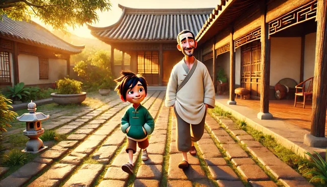 DALL·E 2024-09-18 05.36.53 - A 3D Pixar-style image of Li Ming and his father walking together in the house’s courtyard. The morning sunlight is warm and golden, casting long shad.webp