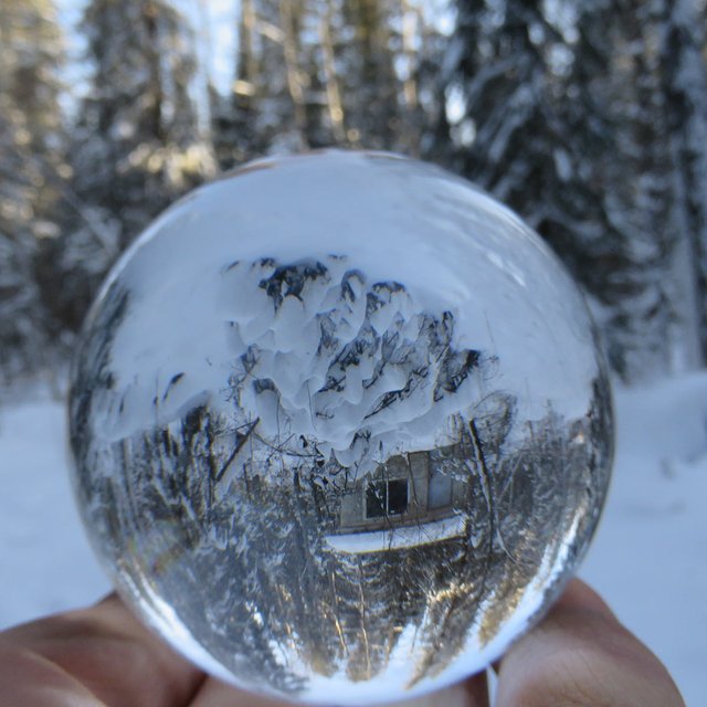 glancing into a snowy scene with spruce and well house reflected in crystal globe.JPG