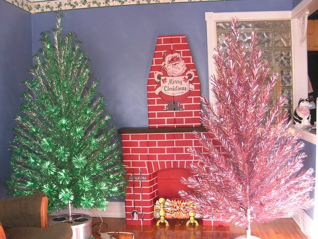 Christmas aluminum tree and cardboard fireplace.jpg