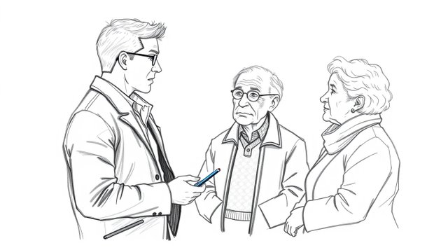 A hand-drawn sketch depicting a 30-year-old male TV journalist interviewing an elderly man and woman. The style is rough, with textured pencil strokes and a white background.jpg