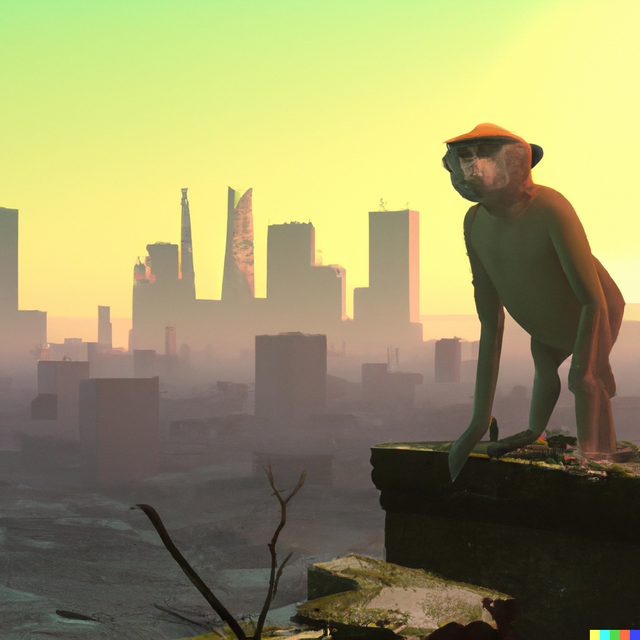 DALL·E 2023-05-03 02.14.33 - Proboscis monkey standing on a viewpoint facing post-apocalyptic city ruins realistic 8k.png