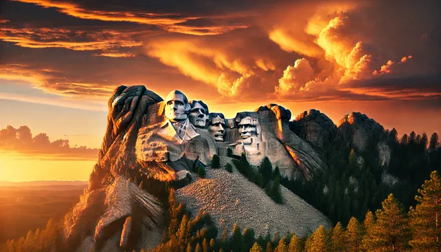 DALL·E 2024-12-24 08.45.21 - A majestic view of Mount Rushmore National Memorial during sunset, showcasing the iconic carved faces of four U.S. presidents glowing in warm golden l.webp