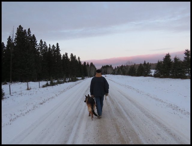 Don Walking Bruno home on gravel road towards sunset.JPG