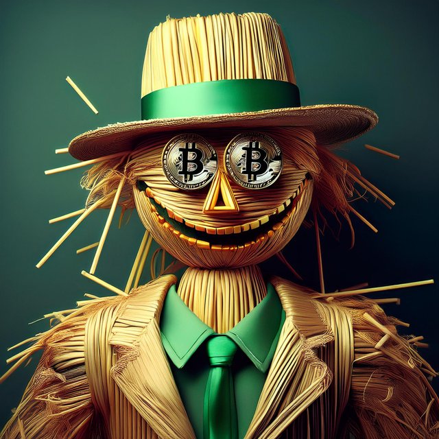 Firefly a detailed , happy scarecrow made of drinking straws , with bitcoin eyes, wearing a green an (3).jpg