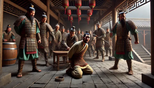 DALL·E 2024-09-01 06.57.09 - A highly detailed 3D Pixar animation style image depicting a severe punishment scene in ancient China. The setting is a traditional Chinese courtyard .webp